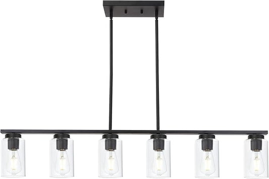 Black 6-Lights Kitchen Island Light with Clear Glass Shades, Farmhouse Hanging Pendant Light Fixture for Farmhouse Dining Room Living Room