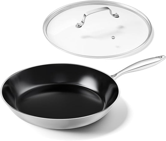 Stainless Steel Frying Pan with Lid 8.6 inch Titanium Ceramic Nonstick Frying Pan,Skillet with Stay-Cool Handle Non Toxic Healthy Ceramics Egg Pans,PFAS PFOA PTFE Free,Suitable for All Stove