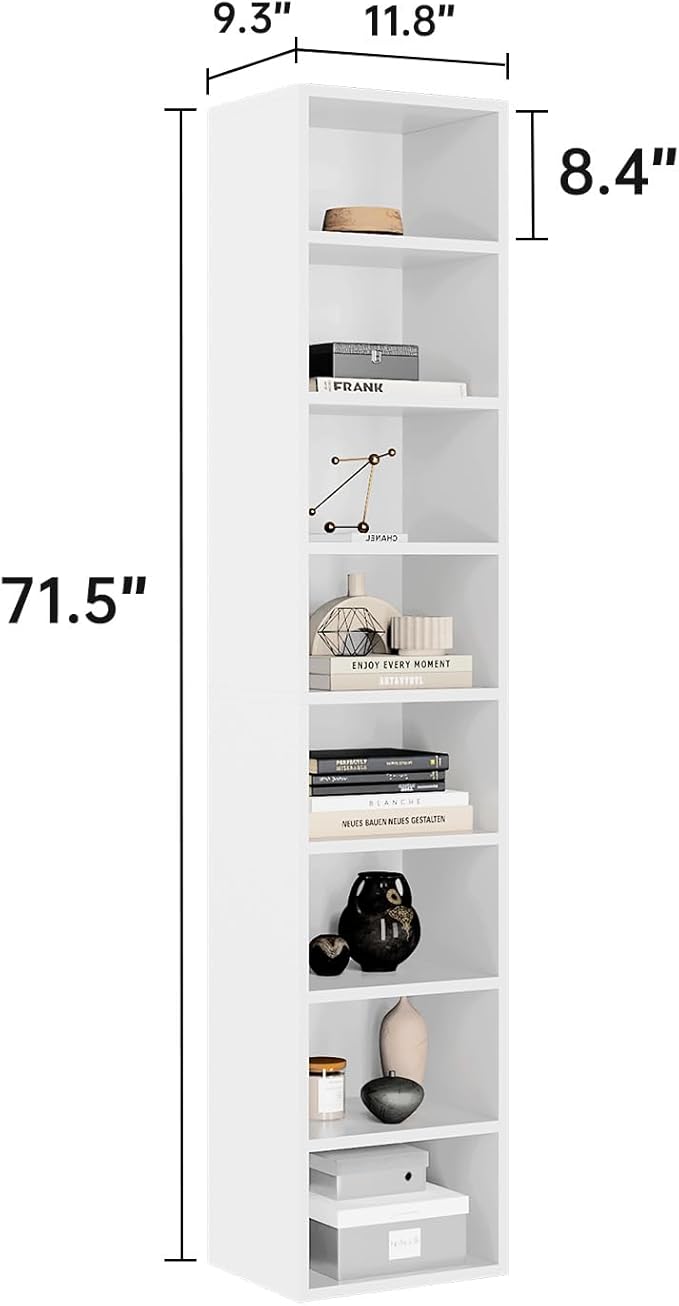 oneinmil 71.5" Tall Narrow Bookshelf, 8-Tier Cube Display Rack, Modern Corner Bookshelf with Storage Space, CD Storage Cabinet for Home Office (White 1 Pack, 8-Tier)