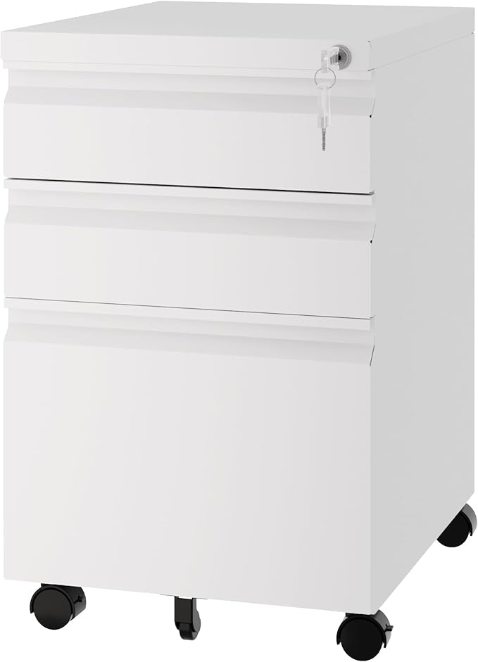 3 Drawer Vertical File Cabinet, Mobile Filling Cabinet with Lock for Legal/Letter Size, Pre-Built Office Storage File Cabinet with Wheels Under Desk - Fully Assembled