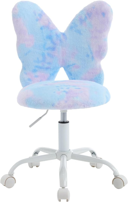 Contemporary Butterfly Shaped Kids Desk Chair, Adjustable Height, Blue-Purple Fur
