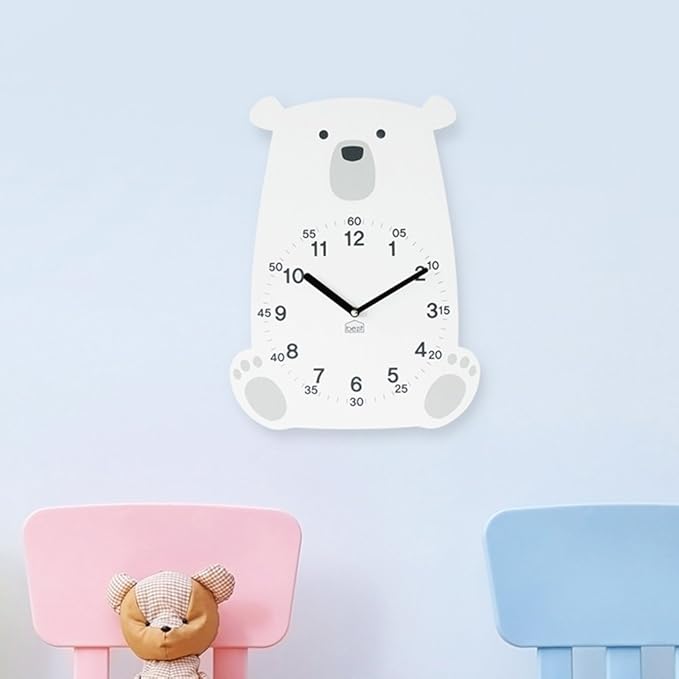Silent Kids Wall Clock - Animal Wooden Clock for Home, Nursery, Office, Baby Room - Non-Ticking, Decorative, Cute (White Polar Bear)