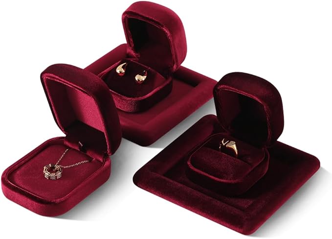Resilient Velvet Ring Earrings Bracelet Necklace Display Box, Travel Mini Jewelry Organizer Case (Red, Necklace Box)