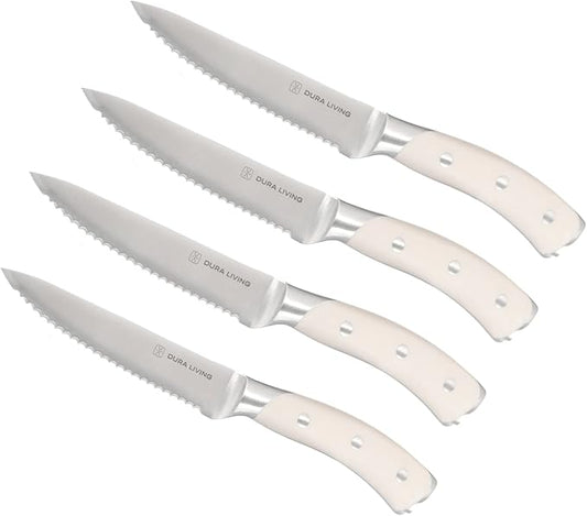 4-Piece Serrated Kitchen Steak Knife Set – Forged High Carbon Stainless Steel, Ultra Sharp, Ergonomic Black Handles, Durable Dinner Knives, Cream Handle