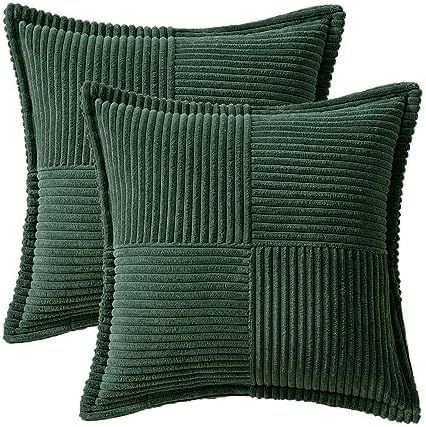 MIULEE Christmas Decorative Euro Sham Throw Pillow Covers for Couch Bed Livingroom 22x22 Inch Set of 2 Dark Green Boho Accent Throw Pllows Broadside Striped Patchwork Soft Corduroy Pillowcases