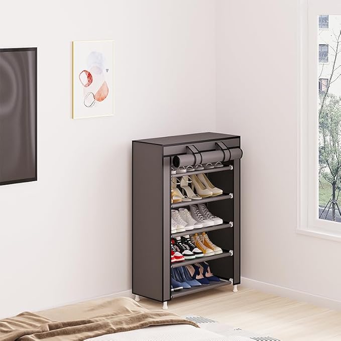 Calmootey 5 Tier Shoe Rack Organizer,Portable Shoe Shelf with Nonwoven Fabric Cover for Closet Hallway,Bedroom,Entryway,Grey
