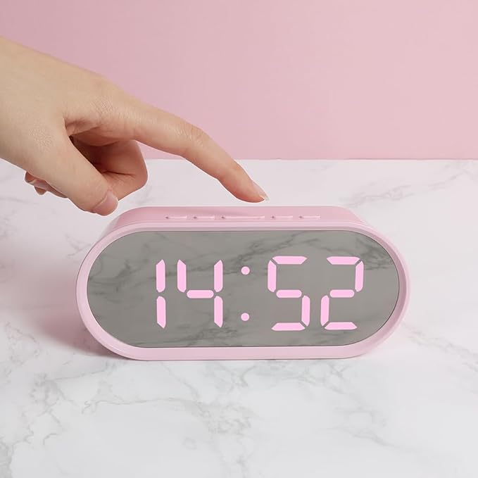 mooas Pop Mirror Digital Alarm Clock, LED Desk Pink Clock with Nightlight, Snooze, Temperature, Battery Operated Small Size Cute Mini Clock for Kids Girls Bedroom Livingroom Office (Pink)
