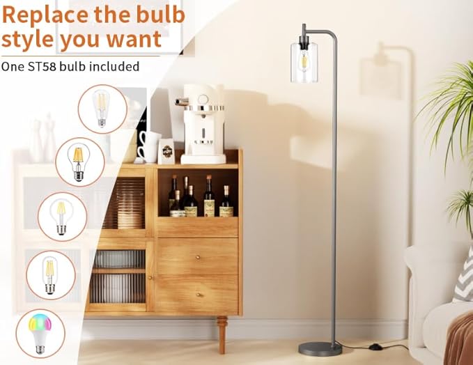 Floor Lamps for Living Room - Industrial Standing Lamp with Glass Shade, Modern Grey Floor Lamp with LED Bulb, Farmhouse Floor Lamp for Bedroom, Tall Lamp for Office - Grey