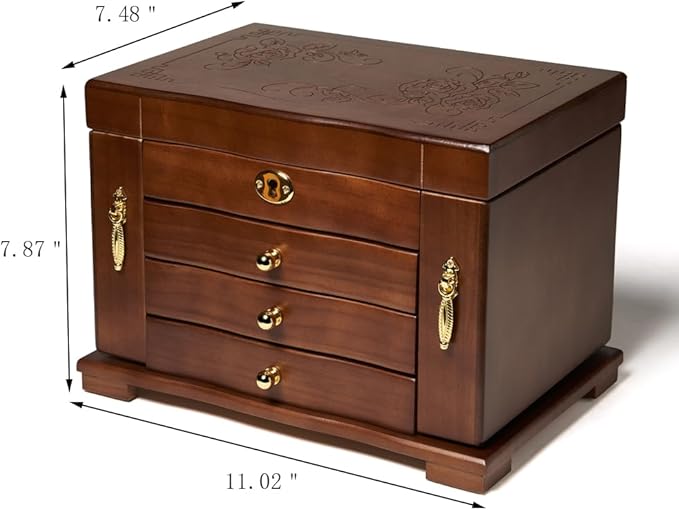 FEECOZ Wooden Jewelry Box for Women, Solid Wood Jewelry Organizer with Mirror and 3-Drawer, Ring,Necklacel,Vintage Style Storage Box with Lock (Dark Brown（Rose Pattern)