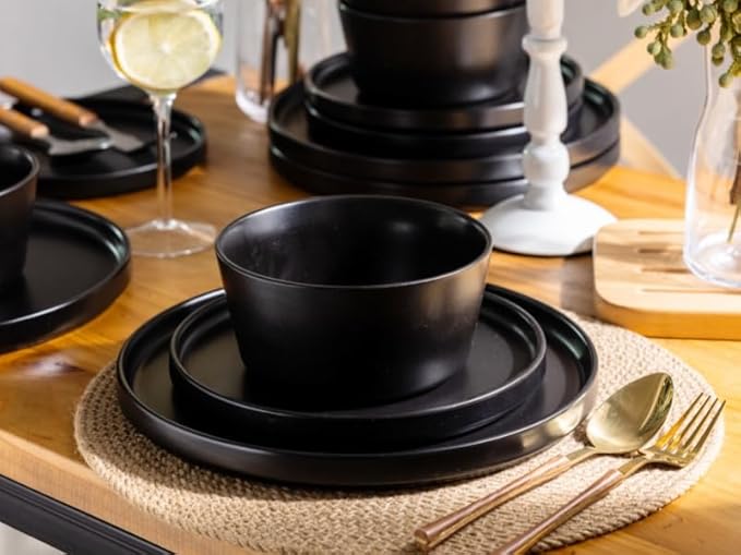 AmorArc Ceramic Dinnerware Sets for 6, Modern Flat Stoneware Plates and Bowls Sets,Chip and Crack Resistant | Dishwasher & Microwave Safe Dishes Set,Scratch Resistant- Service for 6 (18pc)