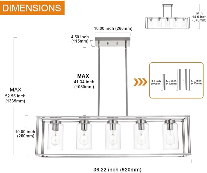 VINLUZ Contemporary Chandeliers Brushed Nickel 5 Light Modern Dining Room Lighting Fixtures Hanging, Kitchen Island Linear Pendant Lights Farmhouse Flush Mount Ceiling Light with Glass Shade