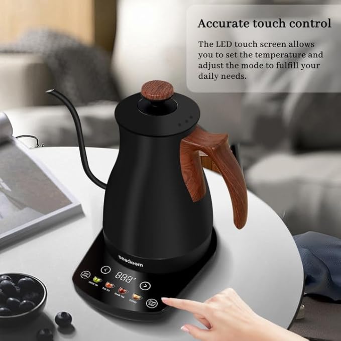 SEEDEEM Gooseneck Electric Kettle Full Touch Screen 1200W Electric Tea & Coffee Kettle with Four Heating Modes Rapid Heating,±1℉ Temperature Control，Keep Warm Mode,1L Electric kettle