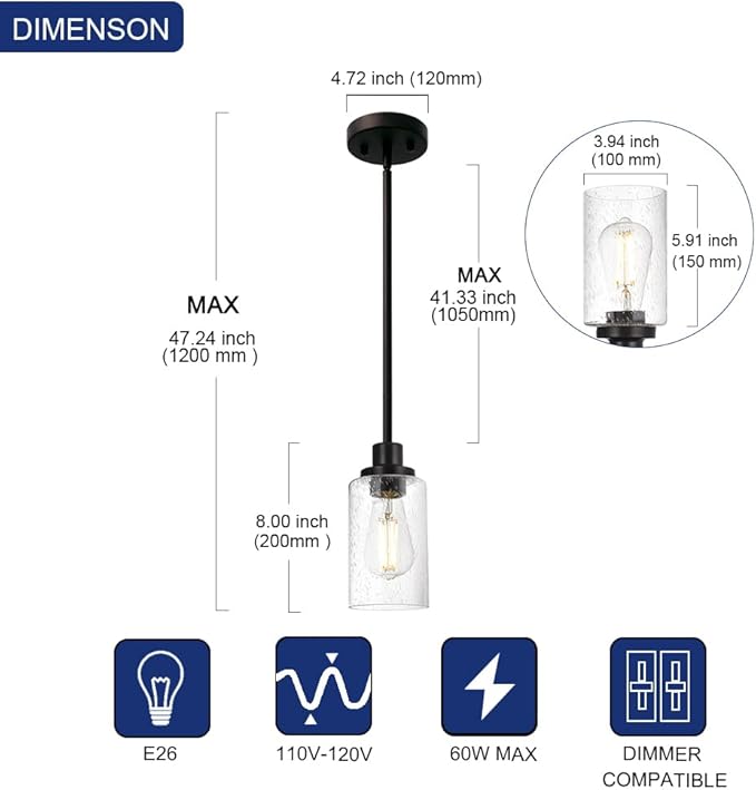 Black 1-Light Pendant Light with Seeded Glass Shade, Farmhouse Mini Chandelier Ceiling Lighting for Kitchen Island Bar Loft, Hanging Ceiling Lamp E26 Bulb Base