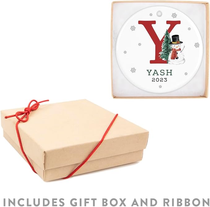 Andaz Press Personalized Ornament, Custom Name, Initial Y Monogram Snowman 2.8" Ceramic Porcelain 2025 Christmas Ornament Keepsake for Kids, Boys, Girls, Includes Gold Ribbon & Gift Box, 1-Pack
