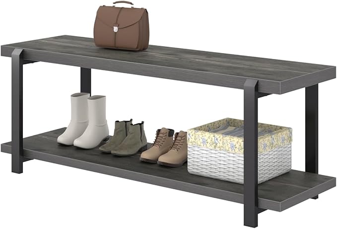 EXCEFUR Industrial Entryway Bench with Storage, Rustic Wood and Metal Shoe Rack Bench Seat, 47 Inch Grey
