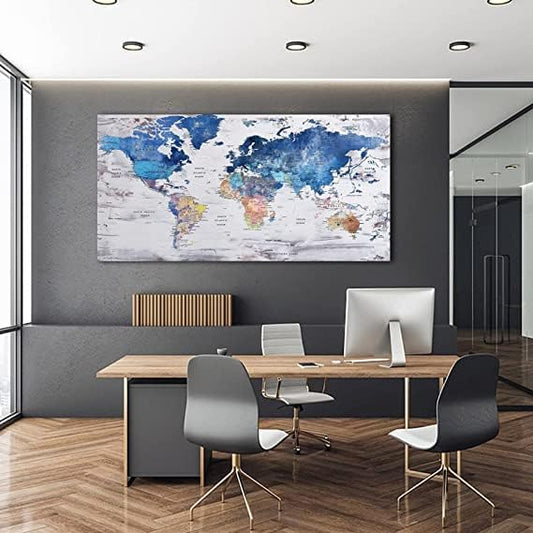 Pogusmavi-World Map Wall Art-Modern Art Wall Decor-Framed Artwork For Walls-Canvas Art For Office-Paintings For Decorations-Large Pictures For Living Room 24x48