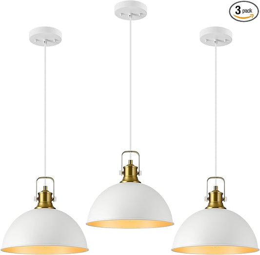 12 Inch White Farmhouse Pendant Lights for Kitchen Island Industrial Haning Lamp Adjustable Height Vintage Dome Hanging Light Fixtures for Barn, Dining Room