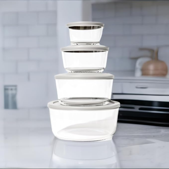 16-Piece Glass Food Storage Containers Set (8 Containers + 8 Lids) | Round, Nesting, Microwave & Dishwasher Safe | BPA-Free, Space-Saving | Grey Lids for Pantry & Kitchen Organization