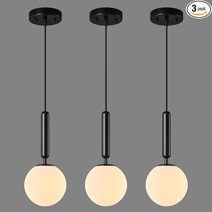 Modern Hanging Light Fixture Pendant Lighting for Kitchen Island Mid Century Black Pendant Lights with Globe Milky White Glass Pendant Light for Bedroom Bathroom Entryway (3 Pack)