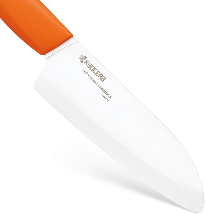 Kyocera’s Revolution Series 5.5” Ceramic Santoku Knife, Chef Knife For Your Cooking Needs, Orange Handle, White Blade