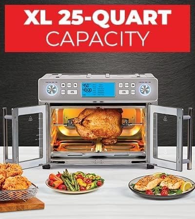 Dual Zone 360 Air Fryer Oven Combo with French Door, 25 QT Extra Large, Cook Two Foods in Different Ways, Up to 60% Faster from Frozen to Finish