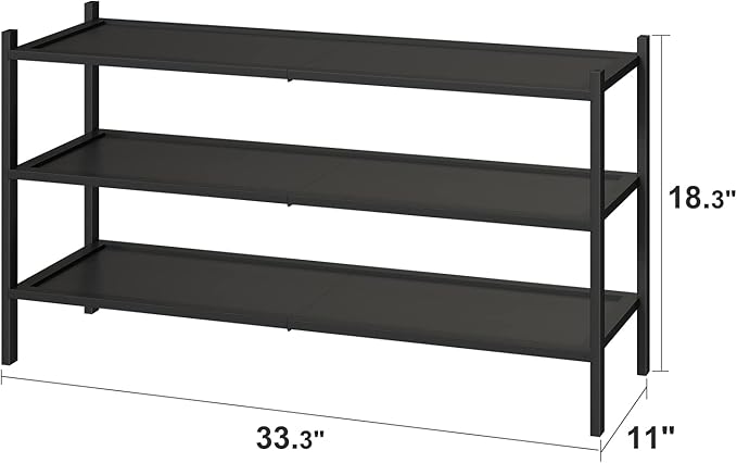 Black Long Shoe Rack, 3-Tier Bamboo Wood Shoe Rack for Entryway, Stackable | Foldable | Natural, Shoe Organizer for Hallway Closet, Free Standing Shoe Racks for Indoor Outdoor