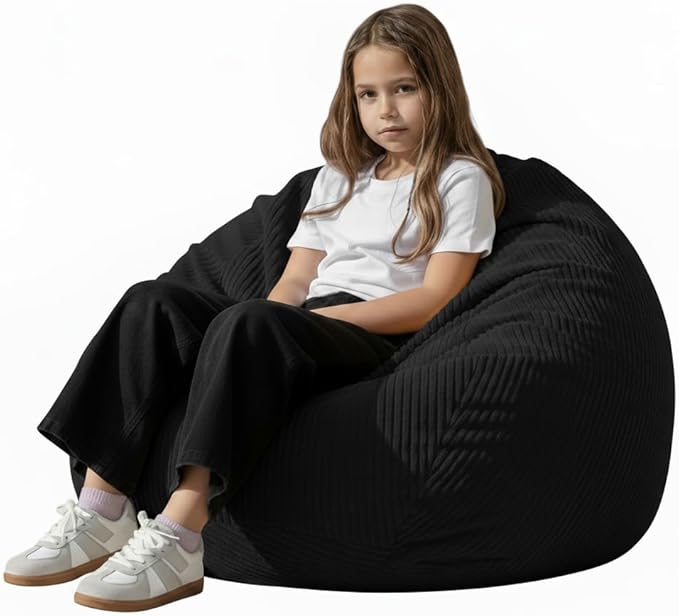 Stuffed Animal Storage Bean Bag Cover (No Filler), Corduroy Kids & Toddler Bean Bag Chair for Teens & Adults, Toy Storage Organizer, Comfy Sofa for Playroom (Onyx Black, Kids (Cover Only）)