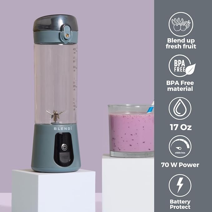 BLENDi Lite Portable Blender (17oz) – USB Rechargeable, Powerful 70W Motor for Smoothies, Protein Shakes & More – Compact, Travel-Friendly & BPA-Free (Gray)