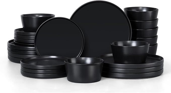 Herogo 24 Pieces Stoneware Dinnerware Set, Service for 8, Dinner Plates and Bowls Sets, Double Reactive Glaze Dishes Set for Kitchen, Scratch Resistant, Dishwasher Safe, Matte Black