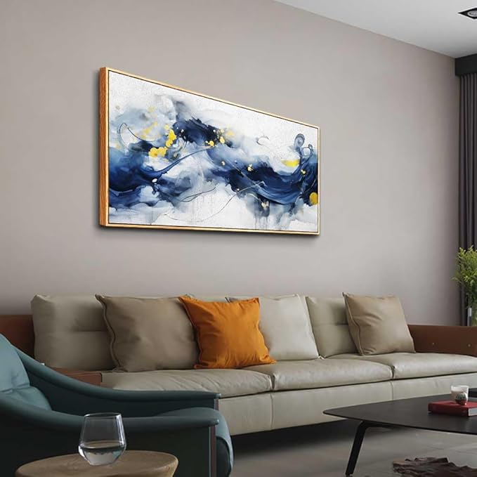 hyidecorart Wood Framed Canvas Art Prints Wall Art For Living Room Large Size Wall Decor For Office Bedroom Wall Decorations Pictures Artwork Blue Abstract Ink Paintings Ready To Hang Home Decor