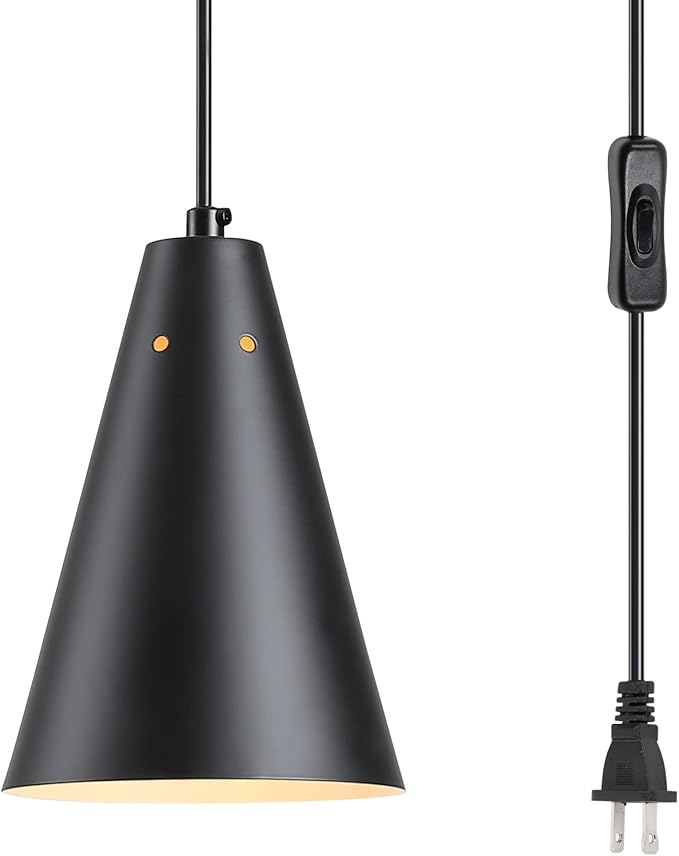 Black Plug In Pendant Light,Hanging Lights With Plug In Cord On/Off Switch, Mini Pendant Lights for Kitchen Island,Modern Farmhouse Pendant Light Fixture with Metal Shade,Hanging Lamps for Bedroom