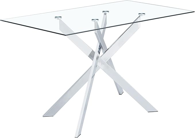 Rectangular Glass Dining Table, Tempered Glass Tabletop and Metal Legs, Modern Style Glass Kitchen Table for Home, Kitchen, Dining Room (Silver, 52'')