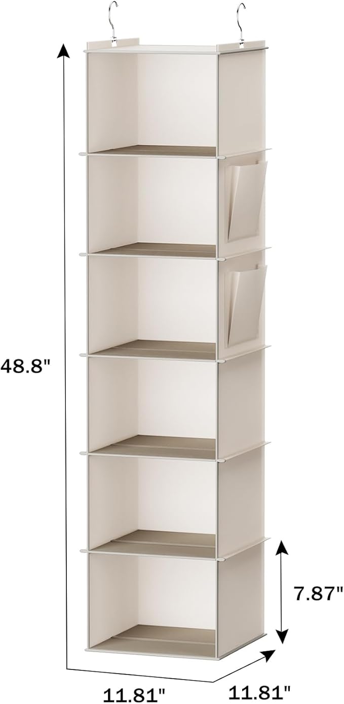 YOUDENOVA Hanging Closet Organizer, 6-Shelf Closet Hanging Storage with Side Pockets, Beige