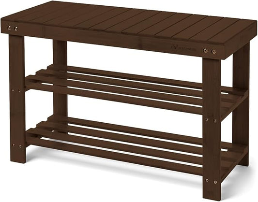 Leaf & Grain Bamboo Shoe Rack - Shoe Storage Bench for Front Door Entrance – Entryway Bench with Shoe Shelf, Shoe Storage Organizer, Wooden Shoe Rack, Durable Shoe Bench for Home (Walnut)