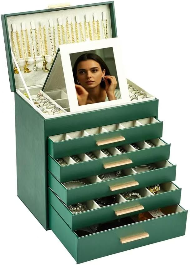 BOOVO Jewelry Box with Necklace Hanger – 6 layer Jewelry Organizer for Women with 5 Drawers, Large Jewelry Storage Boxes –Jewelry Organizers and Storage for Earrings, Necklaces (Green, 6 layer)