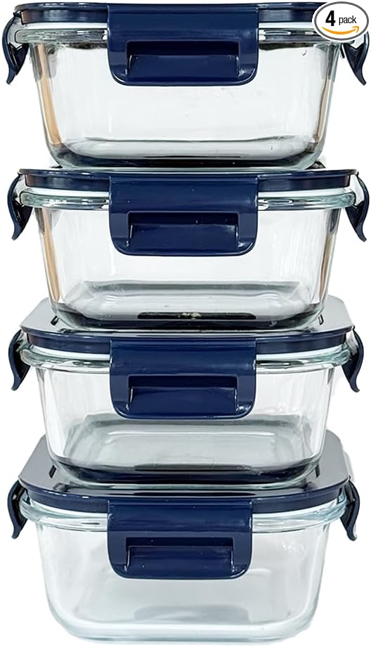Square Glass Food Storage Containers With Lids，2 Cup Square Glass Containers With Lids, Small Food Containers, 16 oz Leak-proof lunch Bowls, Dishwasher Microwave Freezer Safe -(Dark Blue)