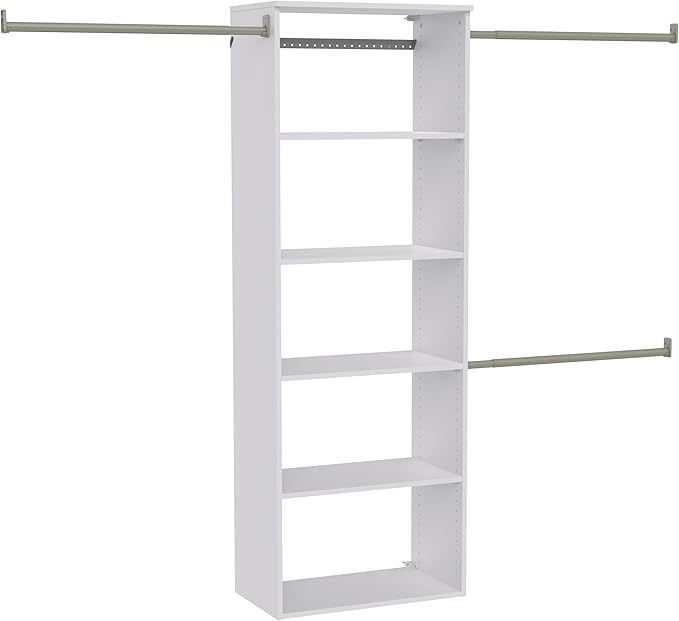 ClosetMaid SuiteSymphony Hanging Tower Organizer with (3) Closet Rods, and (6) Shelves, 81" to 121" W x 71.6" H x 14.6" D, White