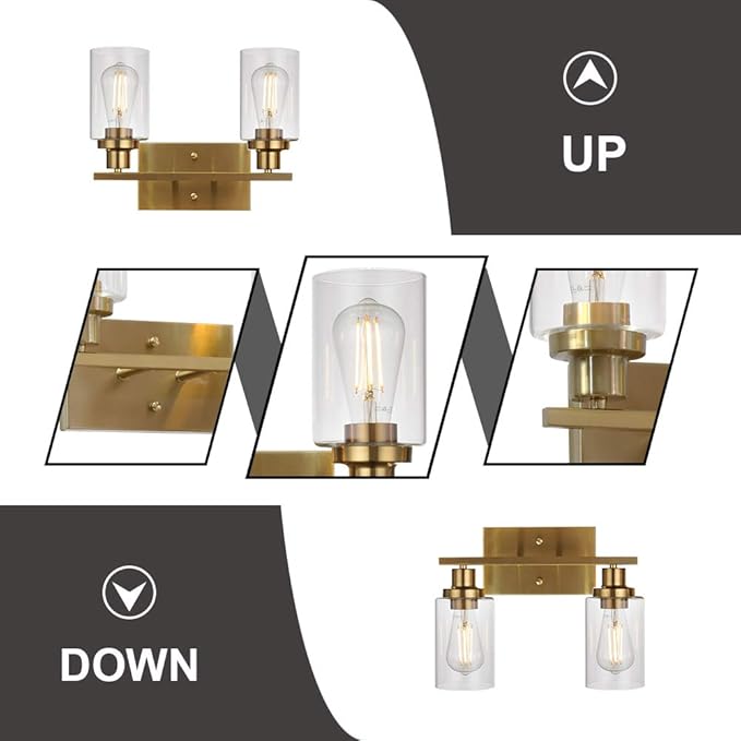 MELUCEE 2-Light Wall Sconce Brushed Brass Vanity Light Fixture Modern Style with Clear Glass Shade for Bathroom Hallway Bedroom Living Room Kitchen