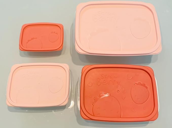 Plastic Food Storage Container Set, 4 Containers with Lids, Assorted Colors (RECTANGULAR PINK) The set includes containers of various sizes - 260 ml, 550 ml, 1100 ml, and 2000 ml