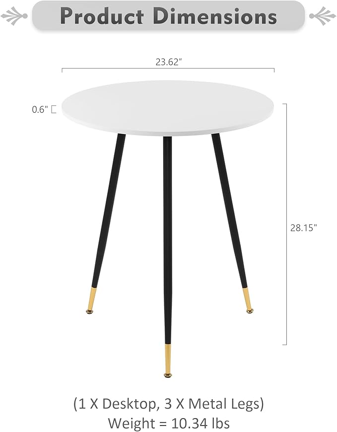 NOBPEINT Round Modern Wooden Side Table, 28 Inches End Table with 3 Metal Legs, Leisure Coffee Table (White)