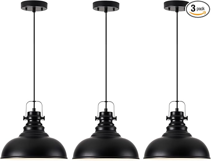 Industrial Pendant Light Fixture, Farmhouse Decor Adjustable Metal Hanging Lamp, Vintage Pendant Lighting for Kitchen Restaurant Dining Room Cafe, E26 Base Black (Black, 3 Pack)