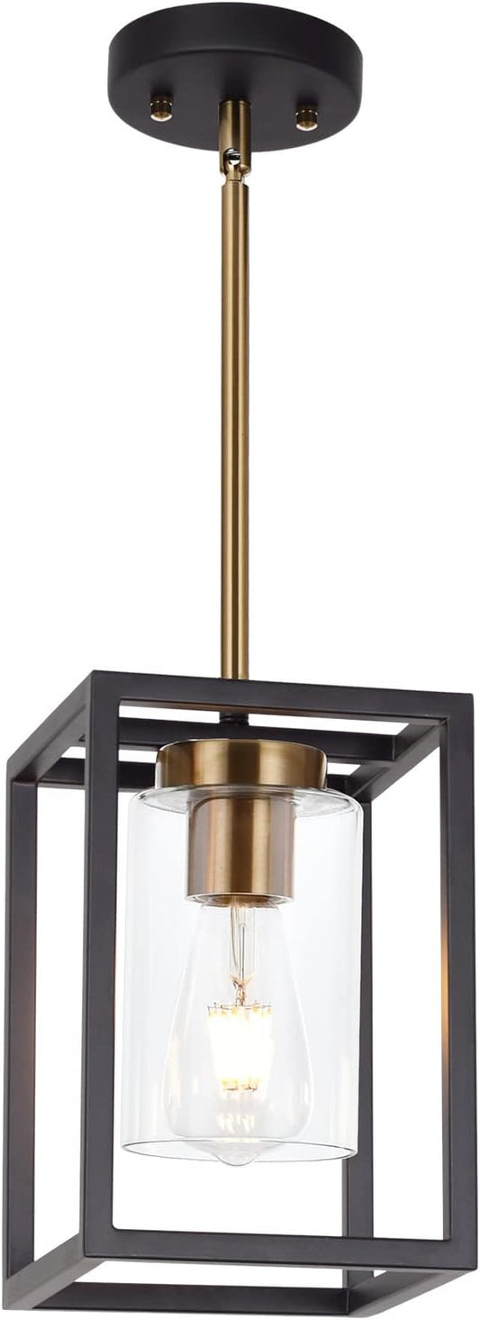 VINLUZ 1-Light Mini Lantern Pendant Light,Black and Brushed Brass Finish Farmhouse Chandelier with Clear Glass Shade Foyer Cage Hanging Ceiling Lighting for Kitchen Island Dining Room Entryway