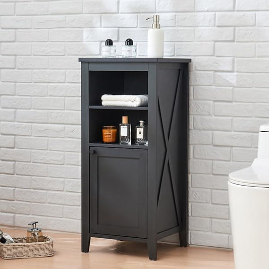 35.4" Tall Bathroom Floor Cabinet, 15.7" Wide Farmhouse Small Storage Cabinet with Door, Corner Floor Cabinet with Shelves, Organizer for Living Room, Kitchen, Black