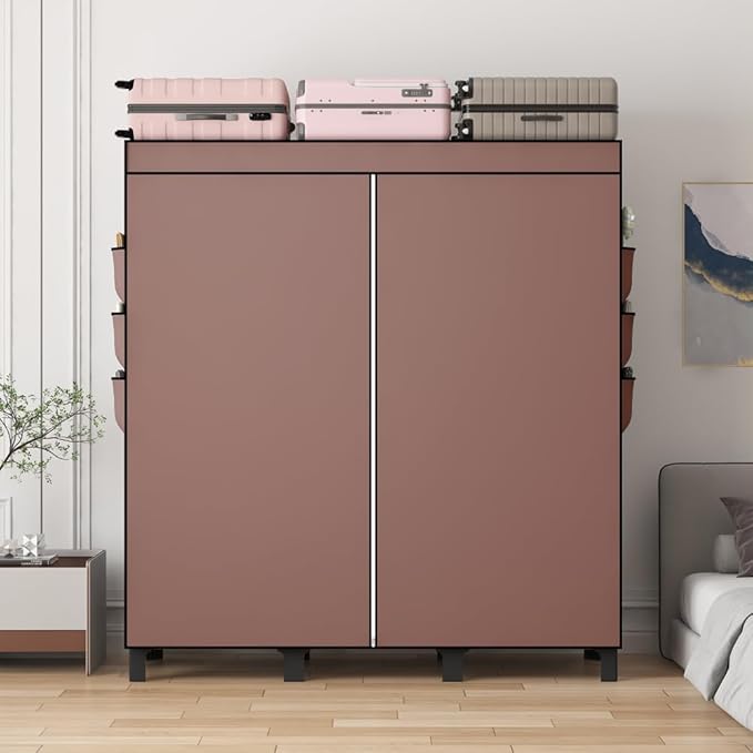 Portable Wardrobe, Clothes Organizer, Easy Hanger Wardrobe, Multiple Dividers and 3 Drawers, 6 Side Pockets Large Capacity (Coffee)