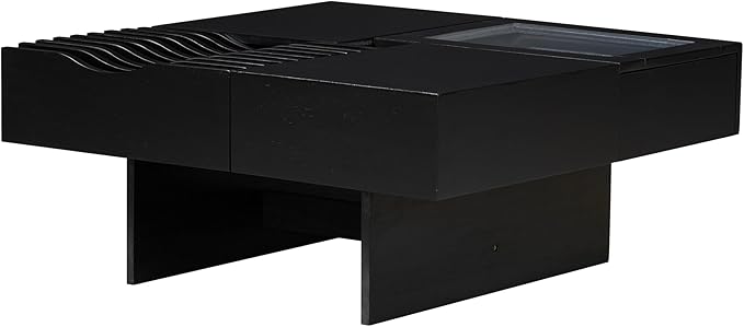 WILLIAMSPACE 33" Square Coffee Table with 3 Drawers, Modern Unique Wooden Center Table with Tempered Glass and Solid Wood Legs, Storage Accent Side End Table for Living Room Apartment, Black