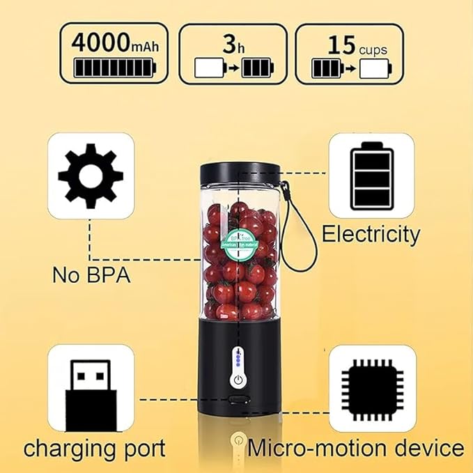 Portable Juicer Blender – 530ml USB Rechargeable Personal Blender for Shakes, Smoothies & Juice – Food Grade PC, Leak-Proof Rubber Seal, Lightweight Travel Bottle Mixer – Black