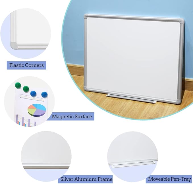 DEVELOP Large Magnetic Dry Erase Board, 60" X 36", Hanging Whiteboard for Home Office School Supplies, Silver Aluminium Frame with Detachable Marker Tray, 4 Markers, 1 Eraser and 4 Magnets