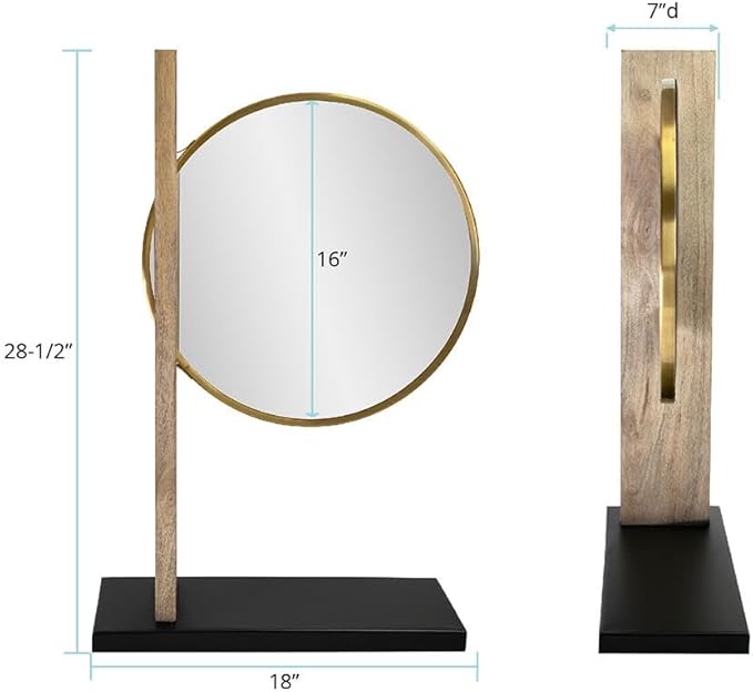 Howard Elliot Skoda Round Table Top Mirror with Stand, Table Desk Vanity Makeup Mirror with Stainless Steel Brushed Brass Frame & Mango Wood Base, Modern Accent Mirror Decor, Brass, 28.5 x 18 Inch