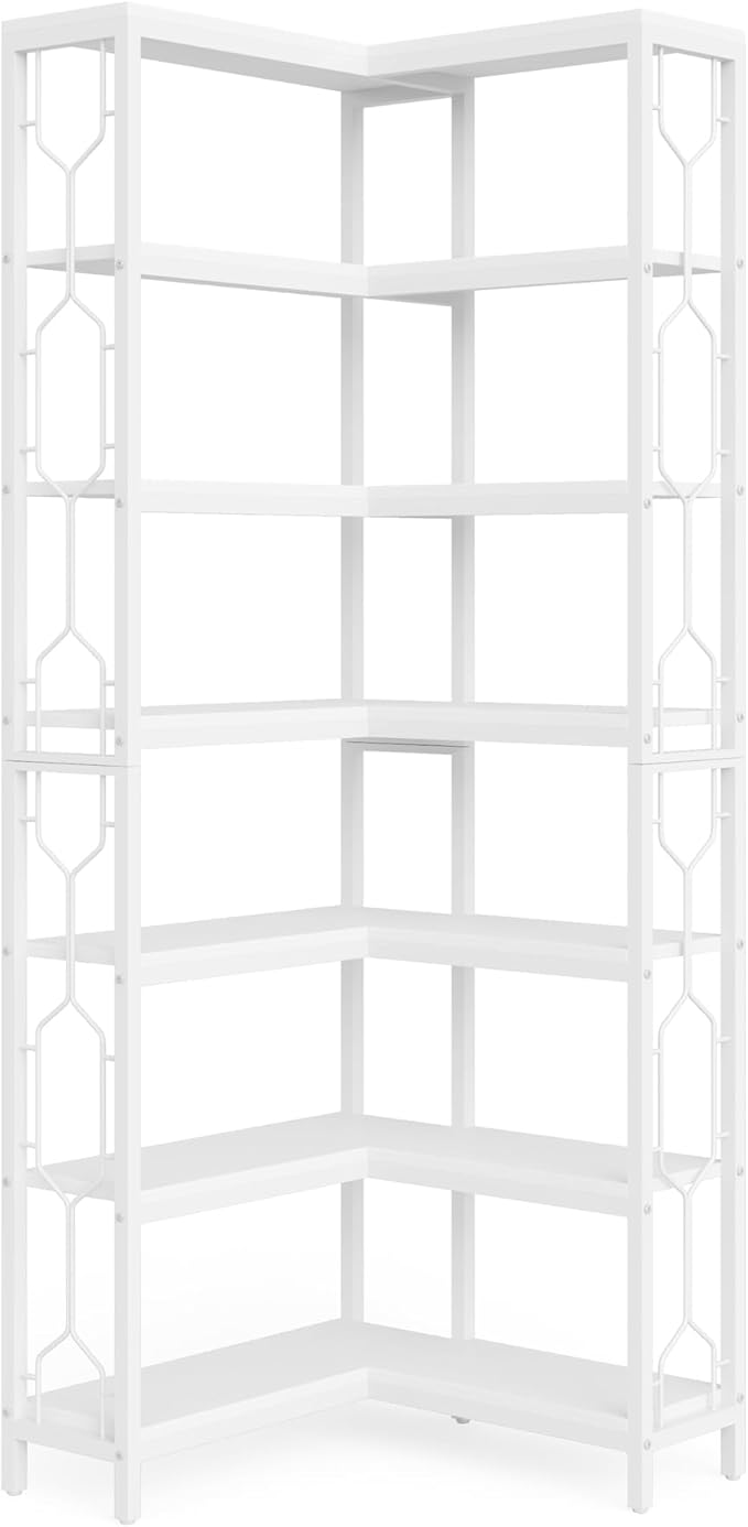 Tribesigns Corner Shelf, 7-Tier Industrial Corner Bookshelf, Wood and Metal Corner Etagere Bookcase, Freestanding Display Shelf for Living Room, Kitchen, Home Office, White
