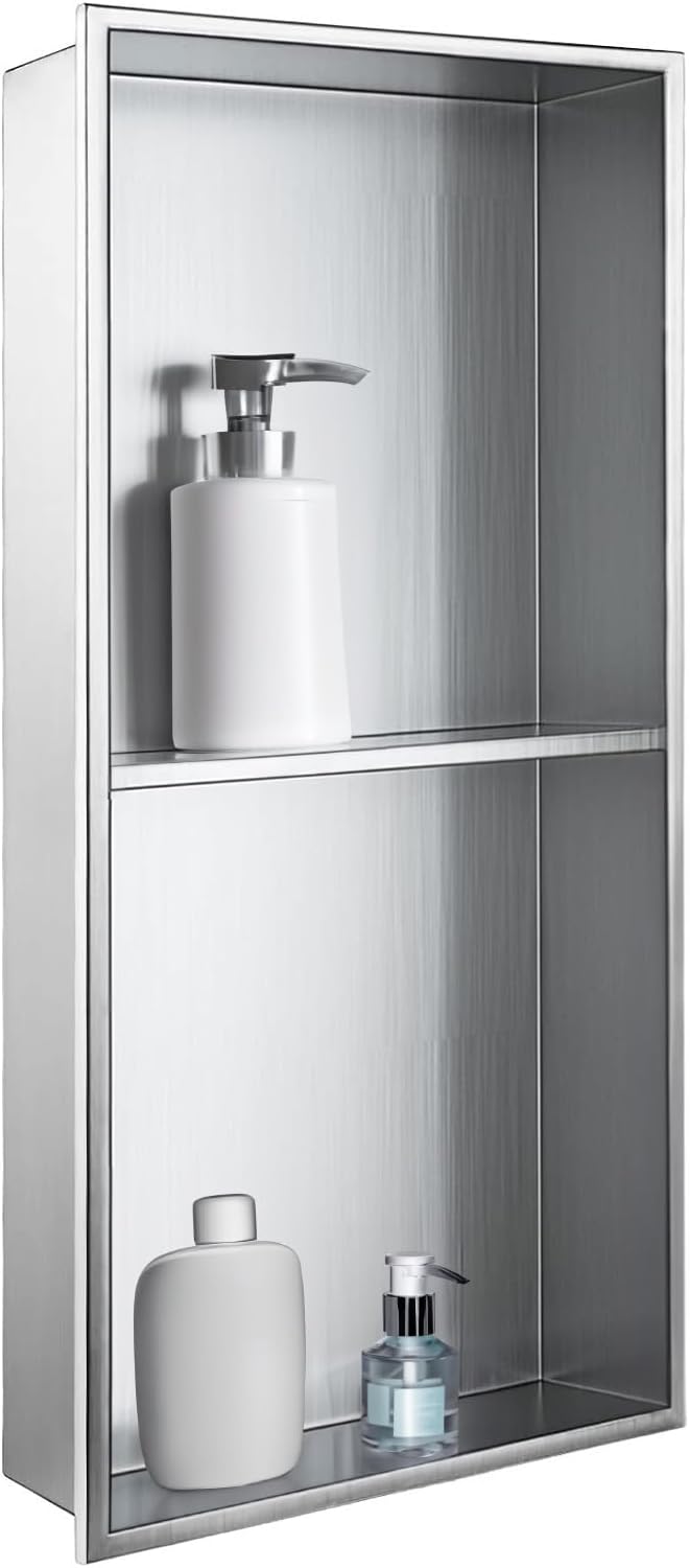 SaniteModar Shower Niche, Stainless Steel Shower Niche 12" X 24" No Tile Needed, Recessed for Bathroom Storage, Brushed Silver Double (Brushed Silver, 12x24,Double)